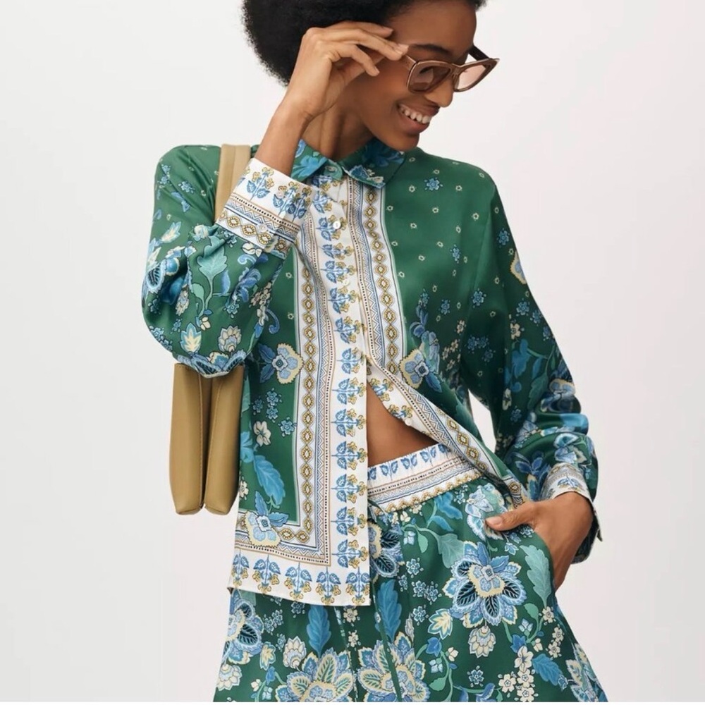 Anthropologie Maeve Green and Blue Patterned Button Down Shirt